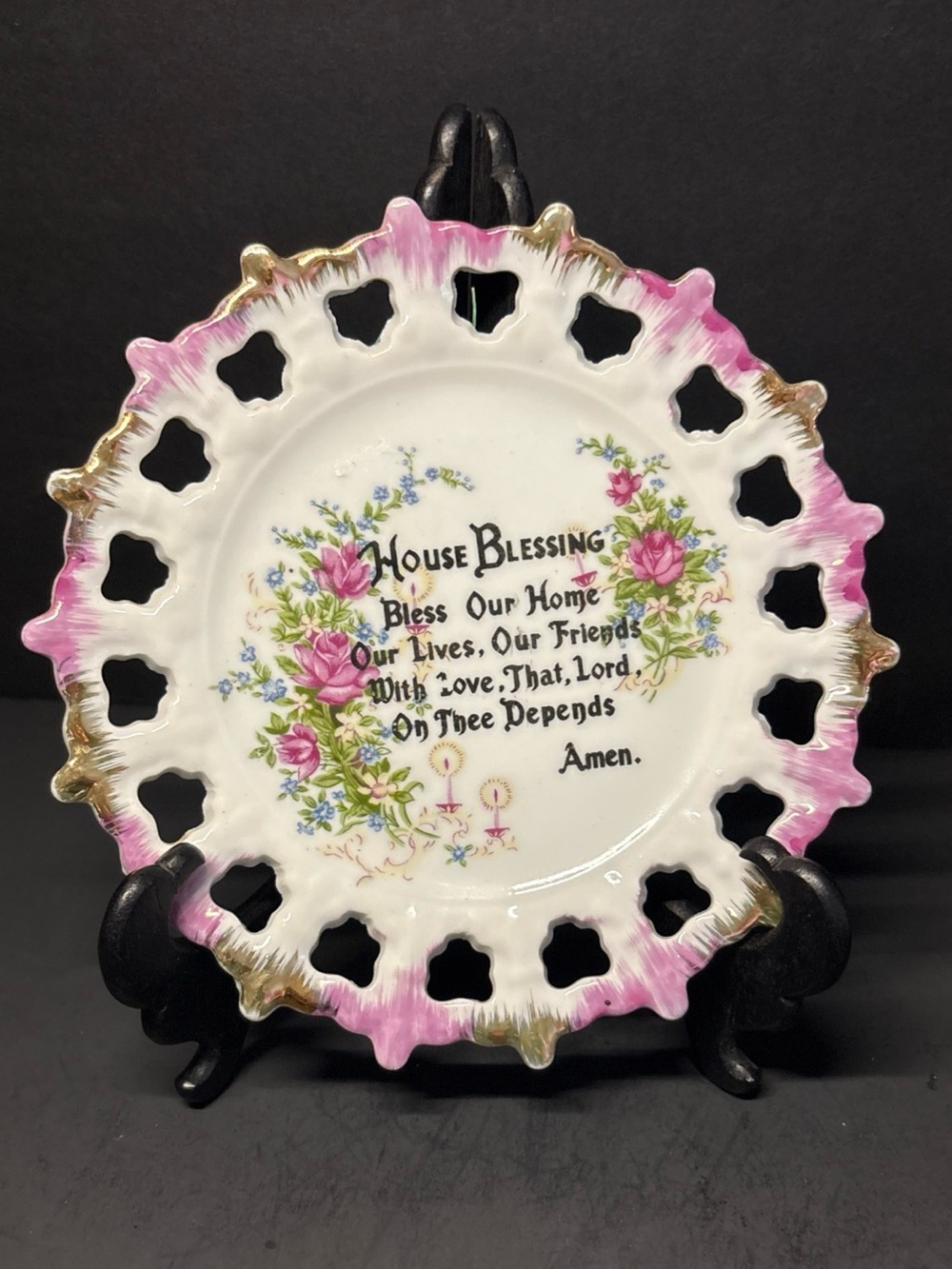 Vintage House Blessing Wall Plate Pink Floral Porcelain Cottage Core Plate
